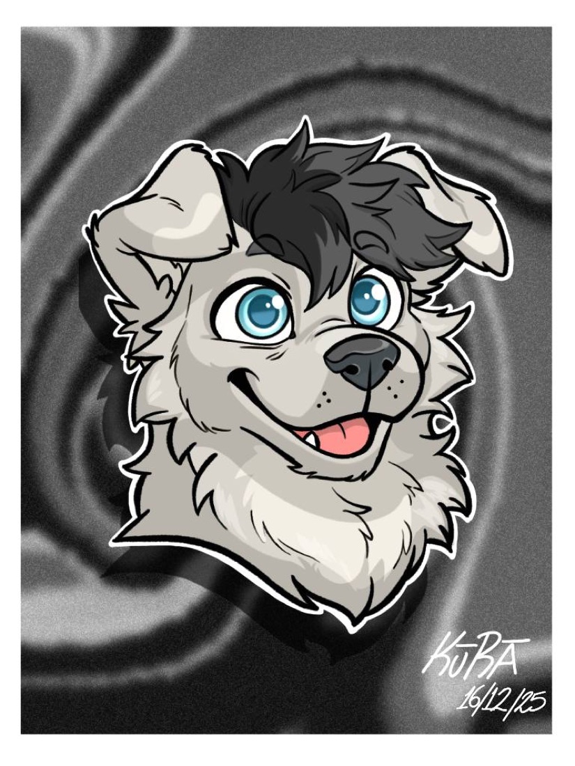 Fen, a grey and white husky-retriever pup with bright blue eyes